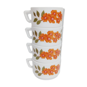 Set of 4 coffee cups with orange flowers, Arcopal