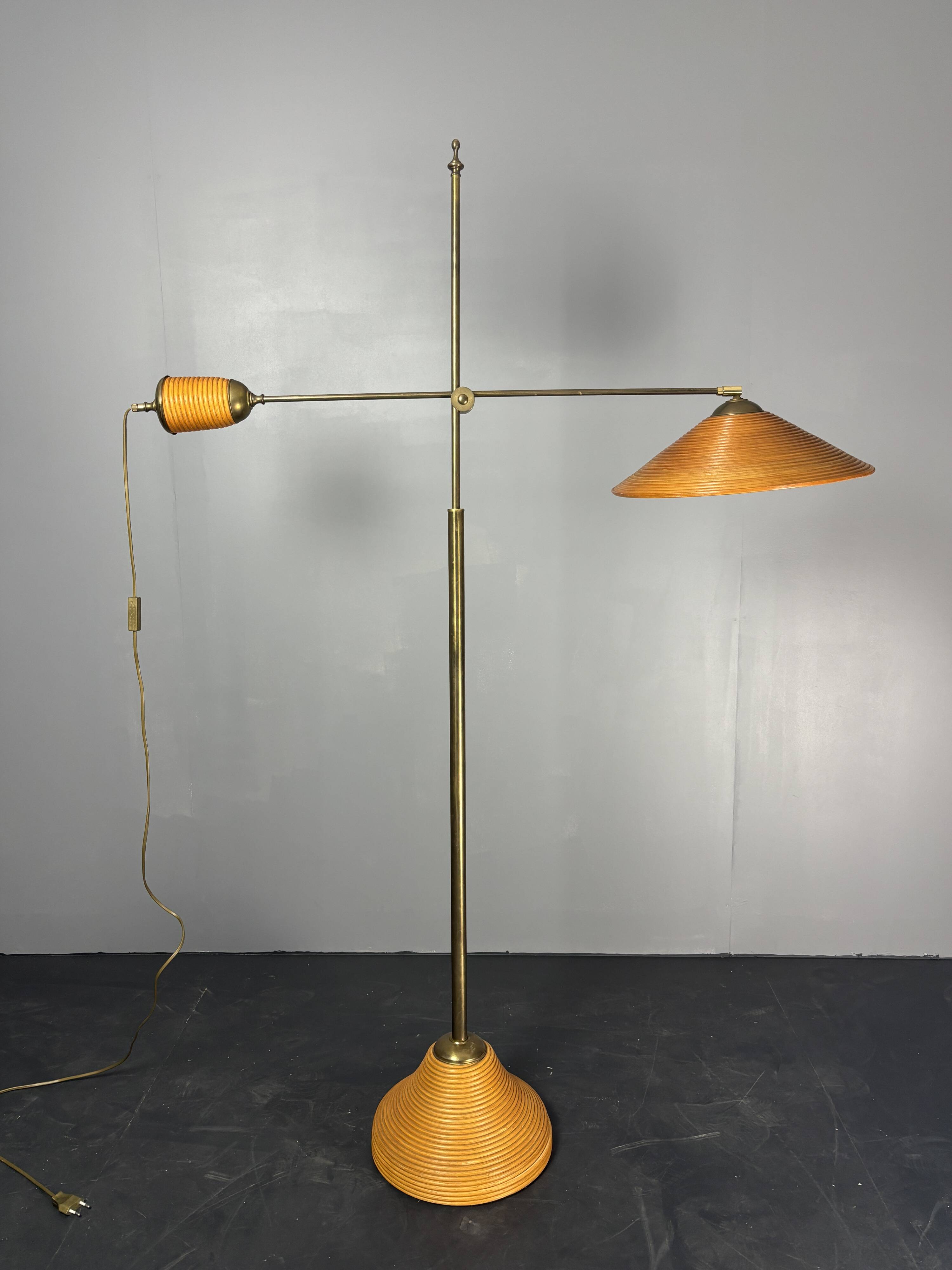 Italian Adjustable Floor Lamp in Pencil Reed Rattan Bamboo and Brass, 1970s