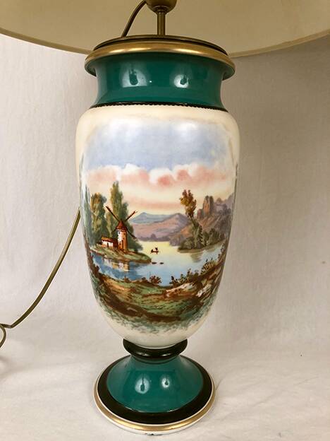 Large pair of 19th century polychrome porcelain vases decorated with landscapes, mounted as lamps