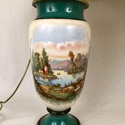 Large pair of 19th century polychrome porcelain vases decorated with landscapes, mounted as lamps