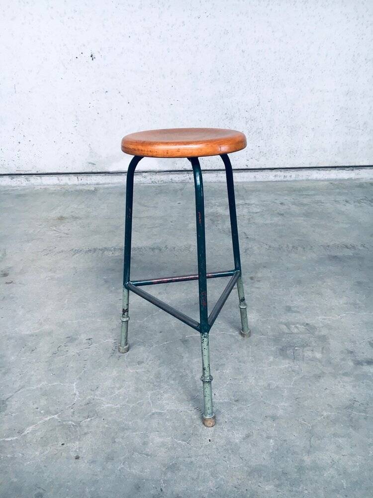 Set of Industrial Green Tripod Stool Set, Belgium, 1950s