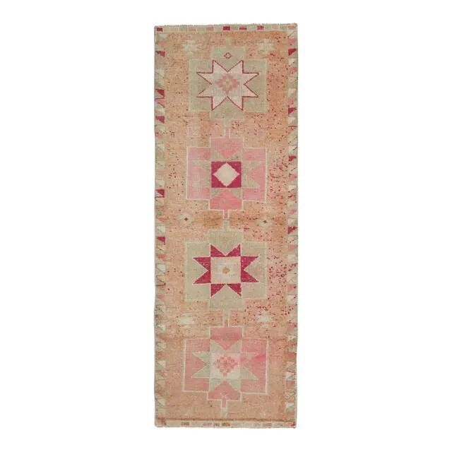 Vintage Turkish Hand-Knotted Wool Cotton Pink Runner Rug 102x300