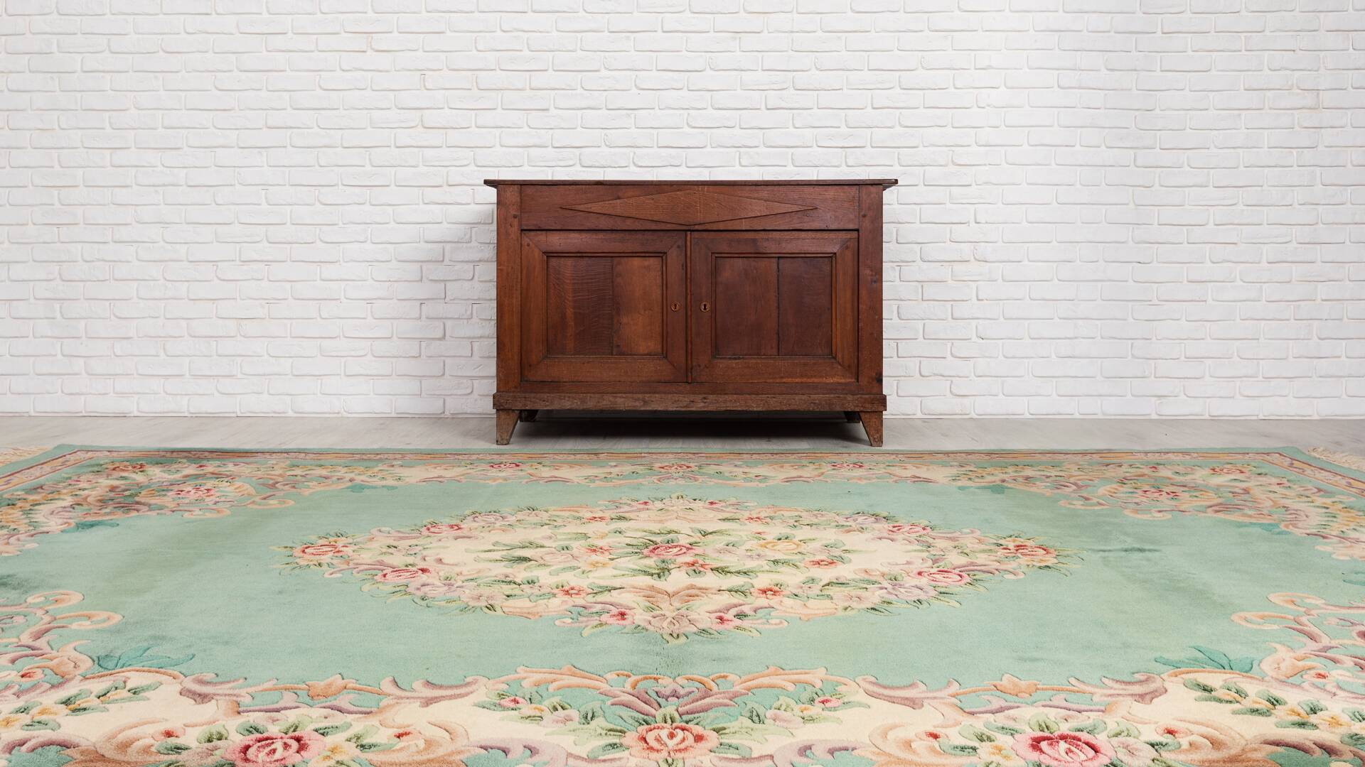 French Green Wool and Floral Rug in the style of Aubusson, 20th Century