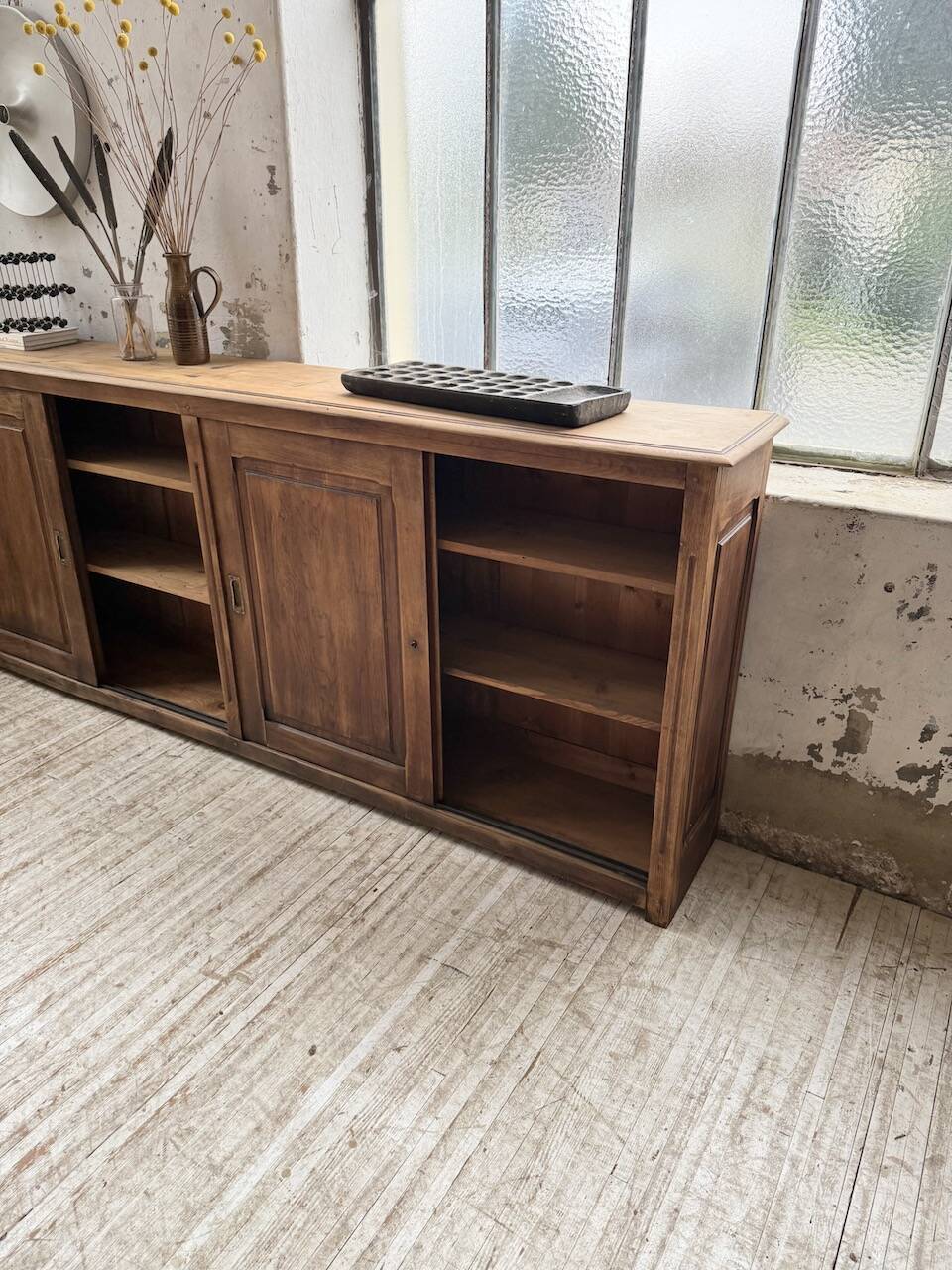 XL oak workshop sideboard with sliding doors from 1900