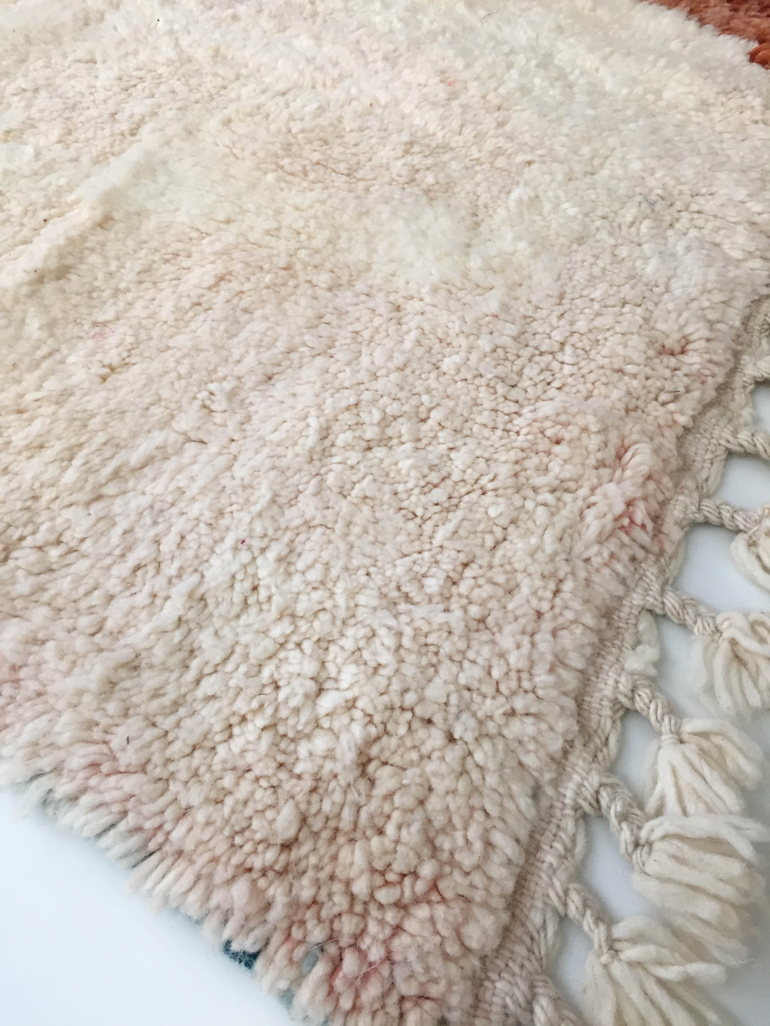 Moroccan Berber carpet Boujaad ecru and pink with colorful patterns 250x160cm