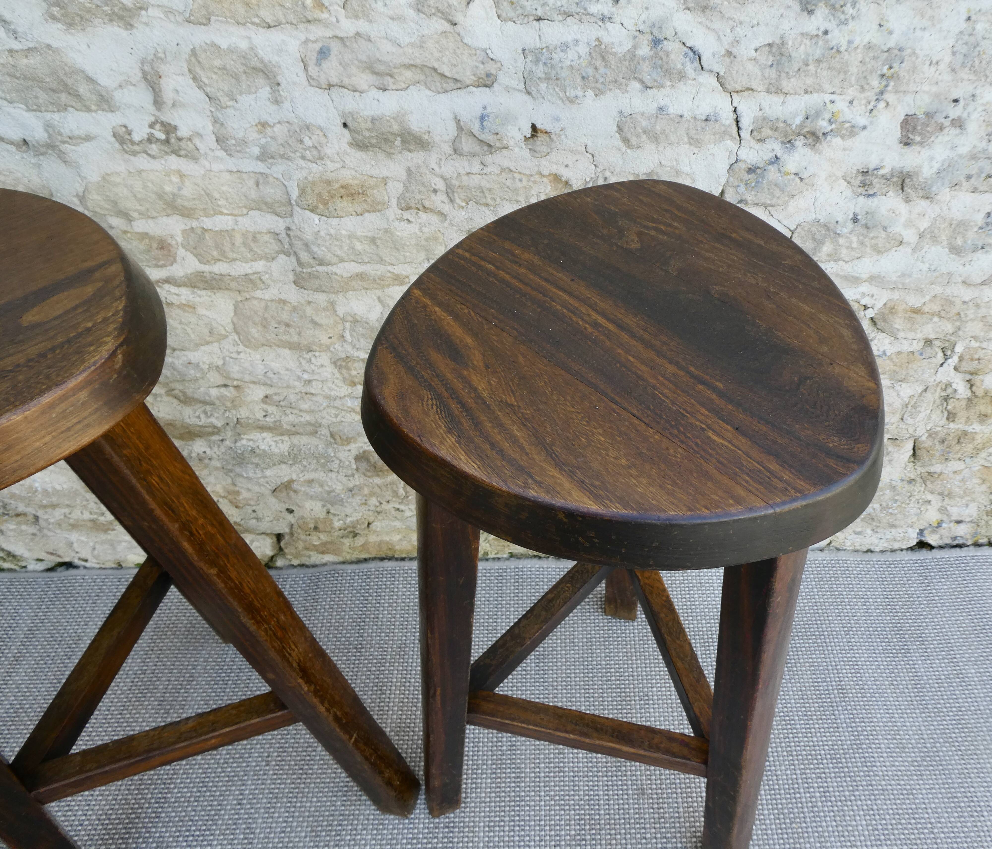Pair of high tripod stools, bar, solid wood