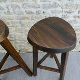 Pair of high tripod stools, bar, solid wood
