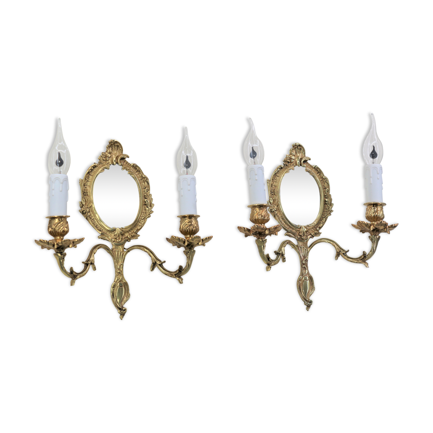 Pair of louis XV beveled mirror wall lamps in bronze by "Lucien Gau"