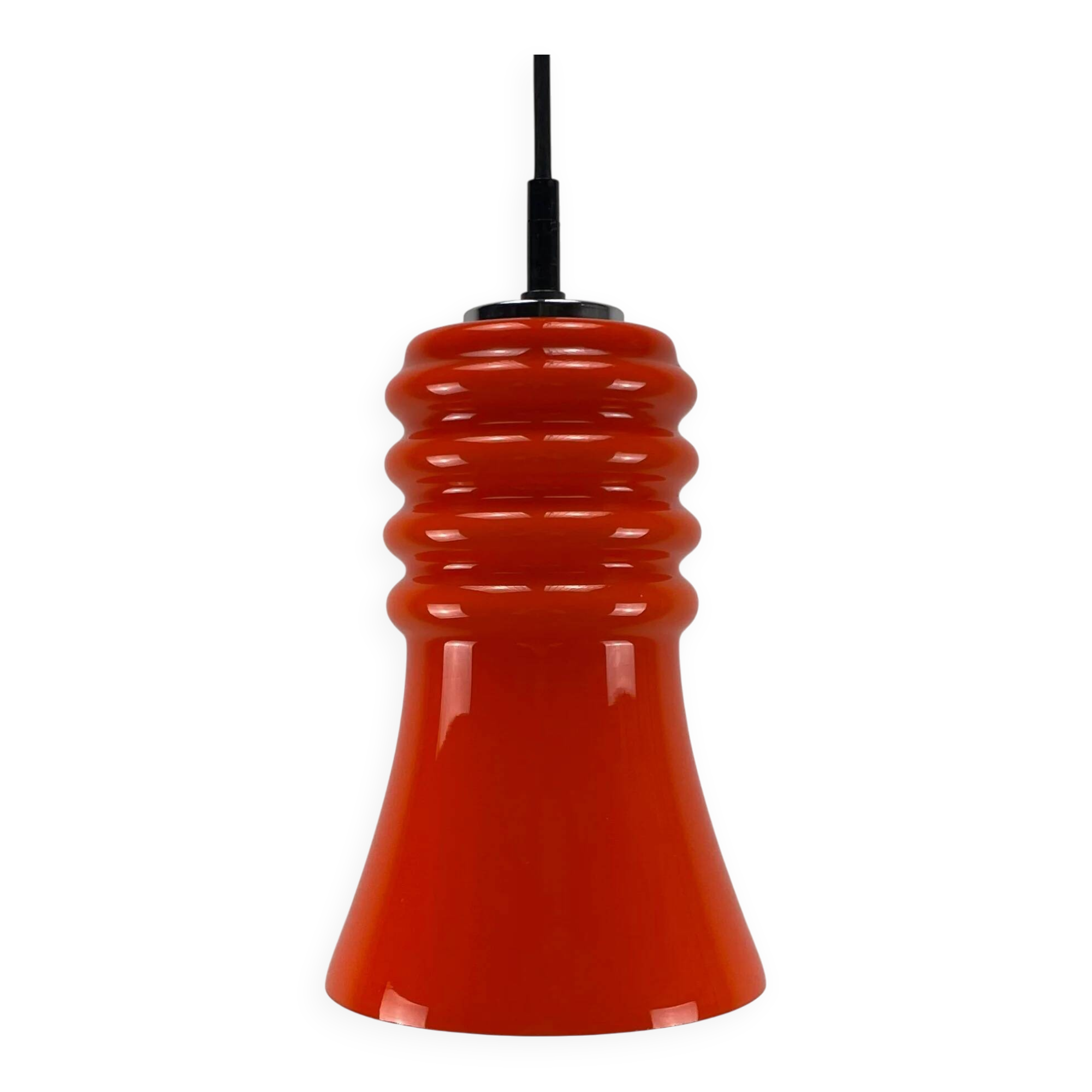 Rare orange glass trumpet-shaped pendant light by Peill & Putzler, 1960.
