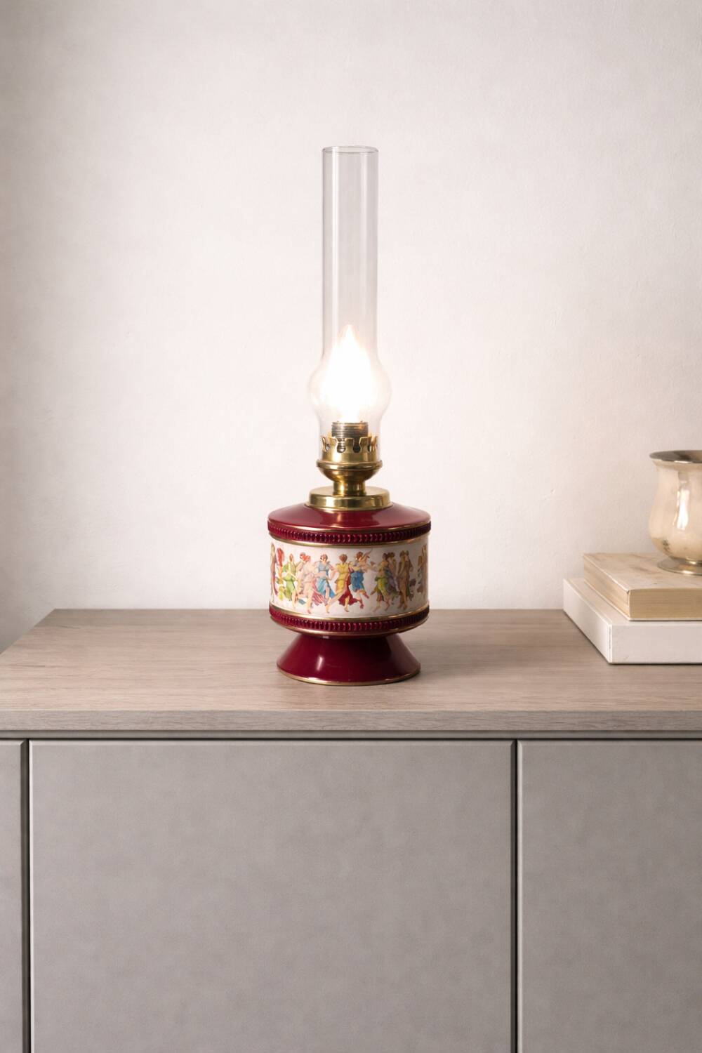 Florentine lamp in burgundy and gold porcelain signed Num 19