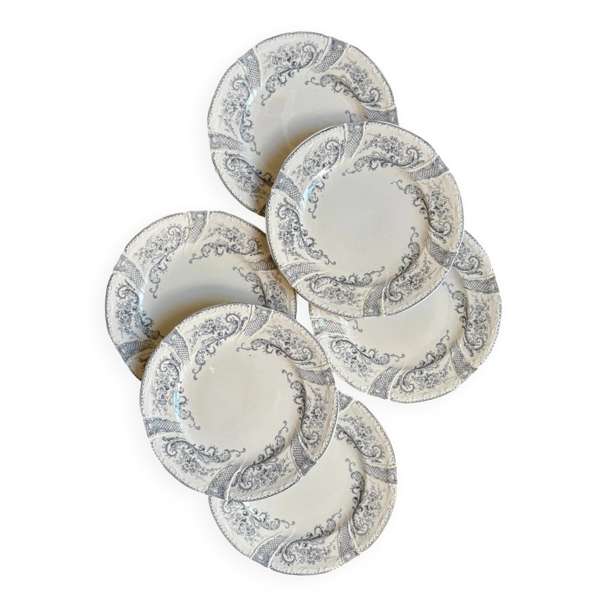 6 dessert plates Longwy in white and grey ironstone, "Saint Cloud" service.
