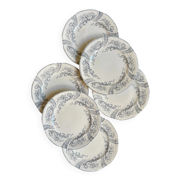 6 assiettes à dessert Longwy en terre de fer blanche et grise, service ''Saint Cloud