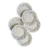 6 assiettes à dessert Longwy en terre de fer blanche et grise, service "Saint Cloud"