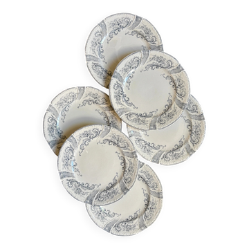 6 dessert plates Longwy in white and grey ironstone, "Saint Cloud" service.