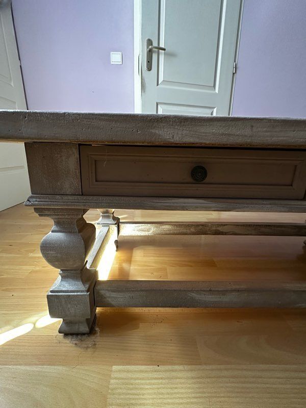 Table basse bois massif style campagne chic / patinée – 120 cm