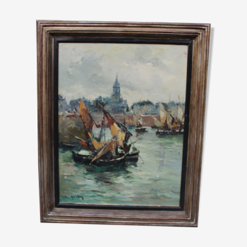 Canvas muffled on wood sign Eric Renier representing Honfleur