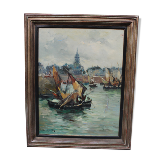 Canvas muffled on wood sign Eric Renier representing Honfleur