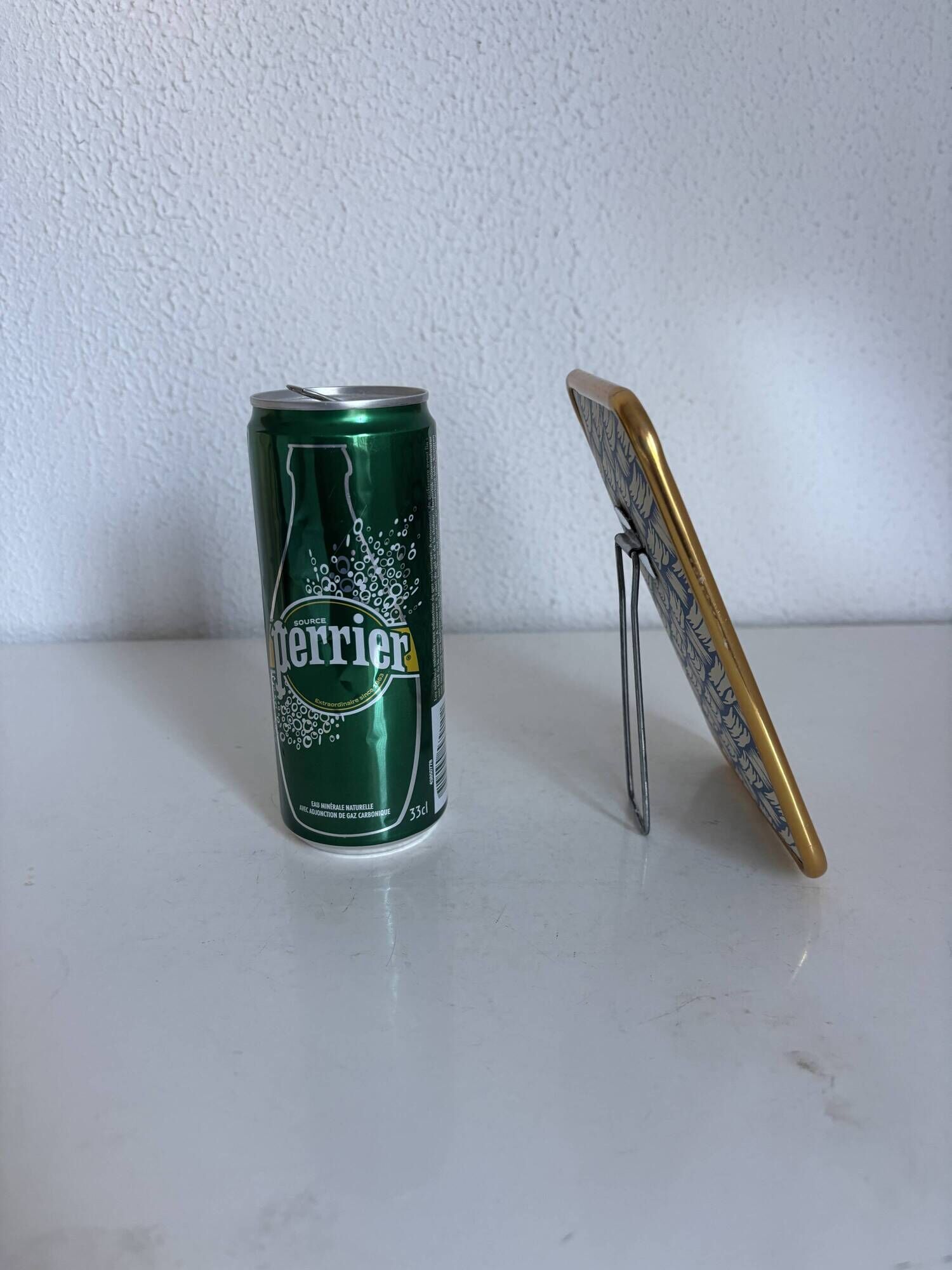 Vintage 1960 barber mirror, shaving or travel, gold and blue - 16 x 11 cm
