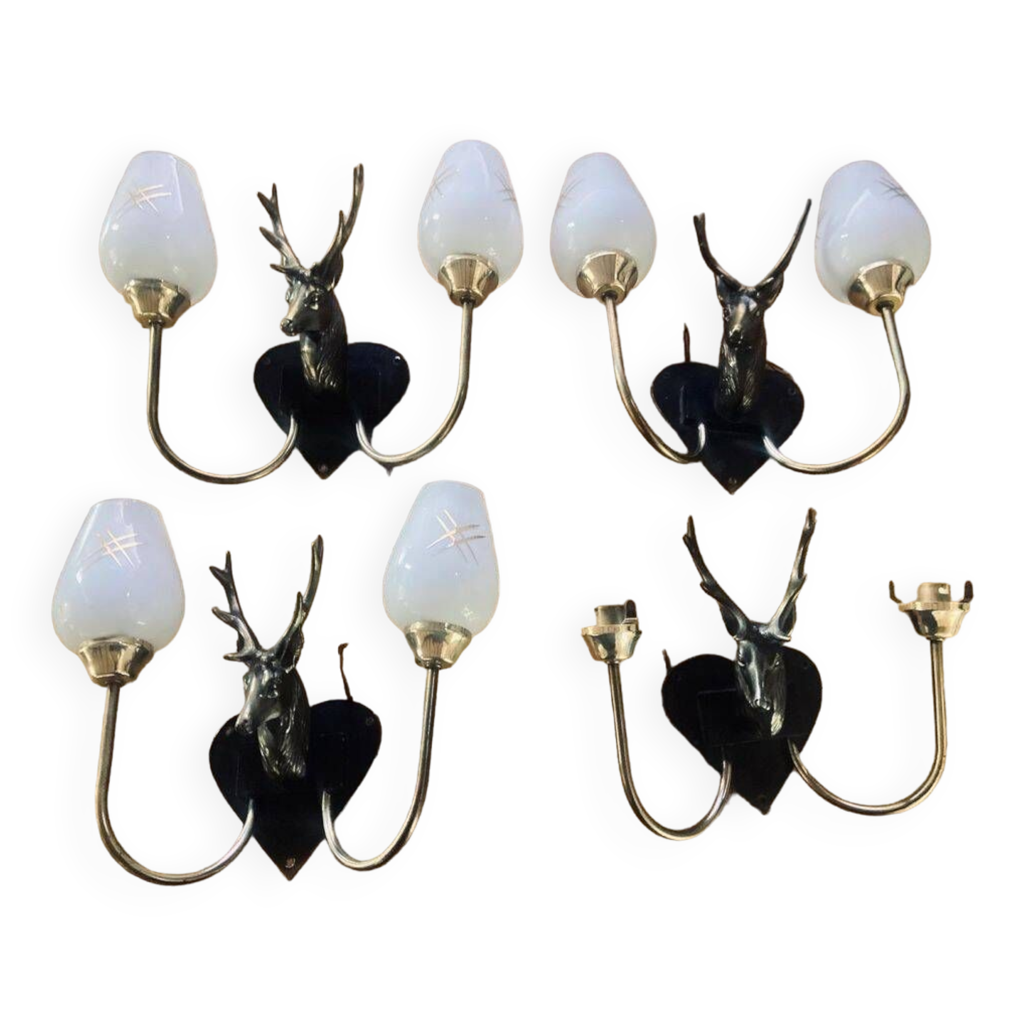 4 Wall lights with 2 arms 1960s deer head Decor hunting hunter brass