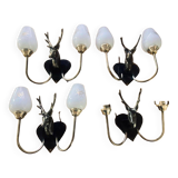 4 Wall lights with 2 arms 1960s deer head Decor hunting hunter brass