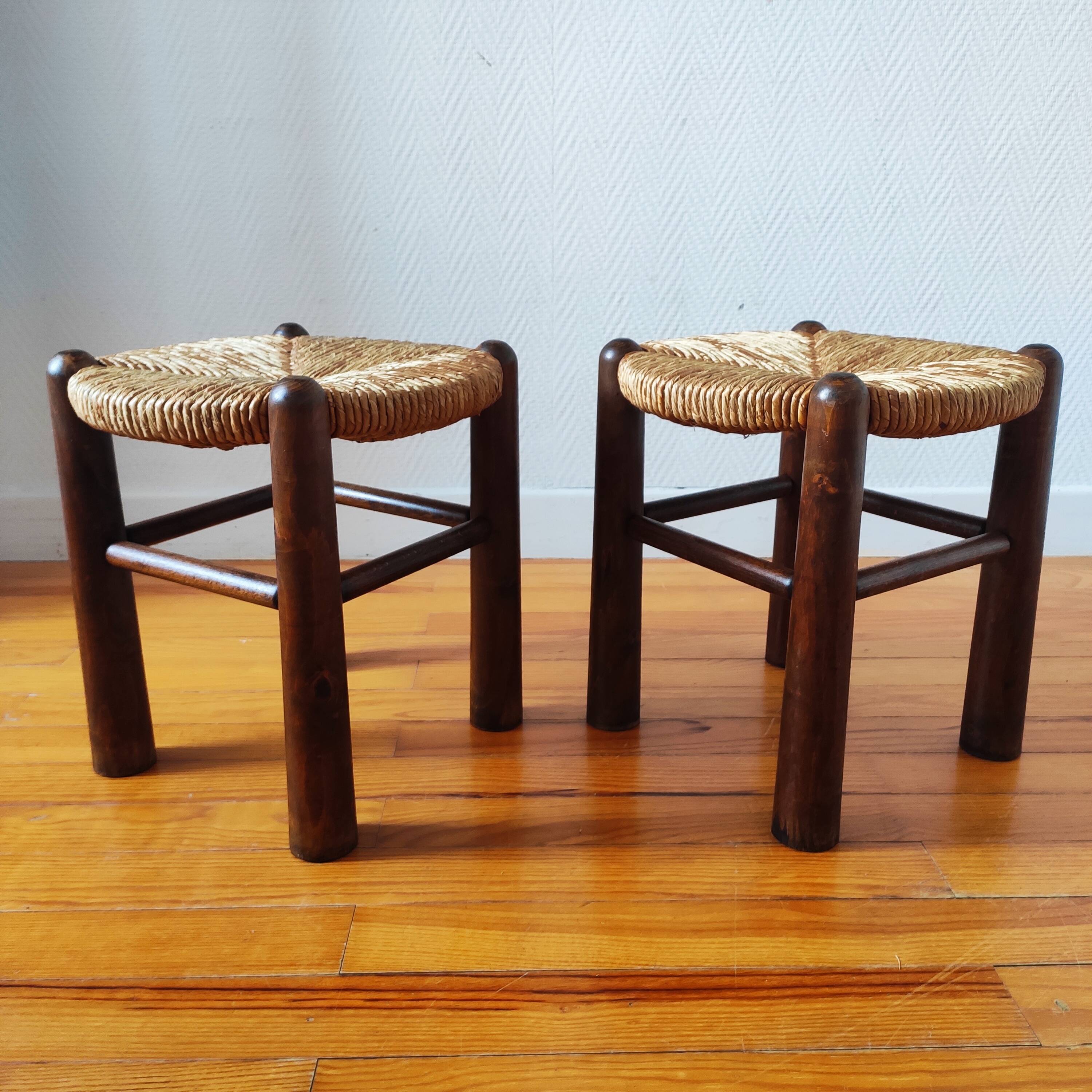 Brutalist wooden and straw stools - France 1950