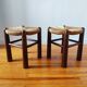 Brutalist wooden and straw stools - France 1950
