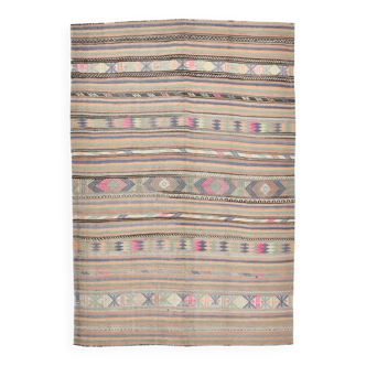 Tapis Kilim Vintage Rayé Pastel, Tons Doux, Motifs Ethniques, 174x256 Cm