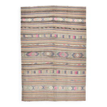 Tapis Kilim Vintage Rayé Pastel, Tons Doux, Motifs Ethniques, 174x256 Cm
