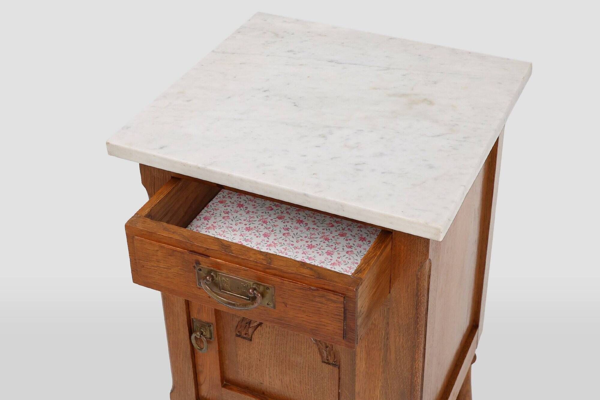 Art Deco Nightstand in Oak with Carrara Marble Top, France 1930s