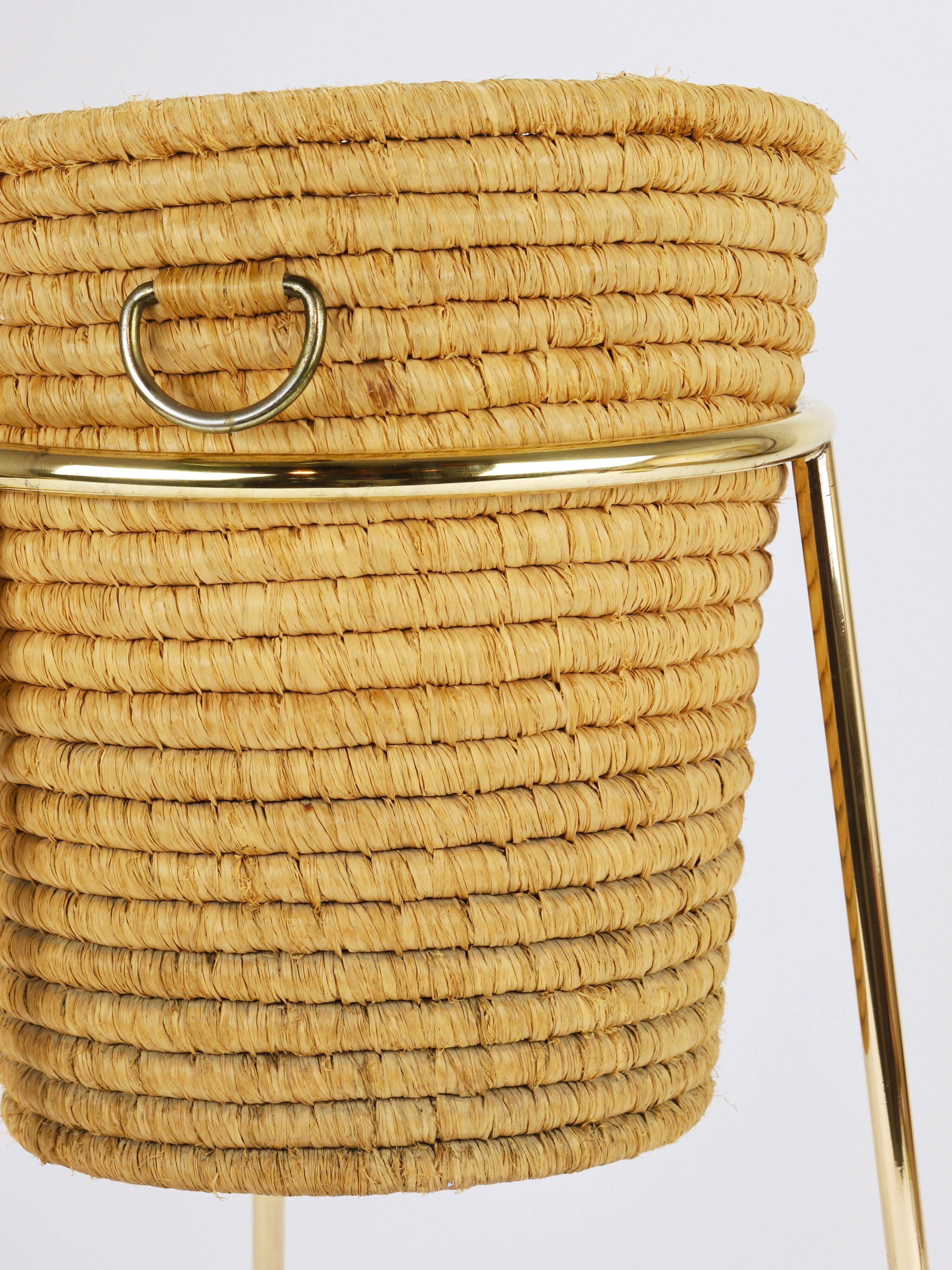 Carl Auböck II paper basket in raffia and brass, umbrella stand, 1950s