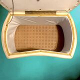 Vintage storage stool with compass legs in white faux leather and leopard velvet.