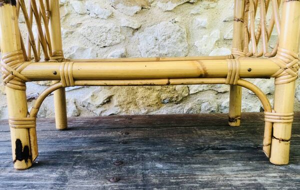 Etagère murale bois blond , bambou, rotin vintage