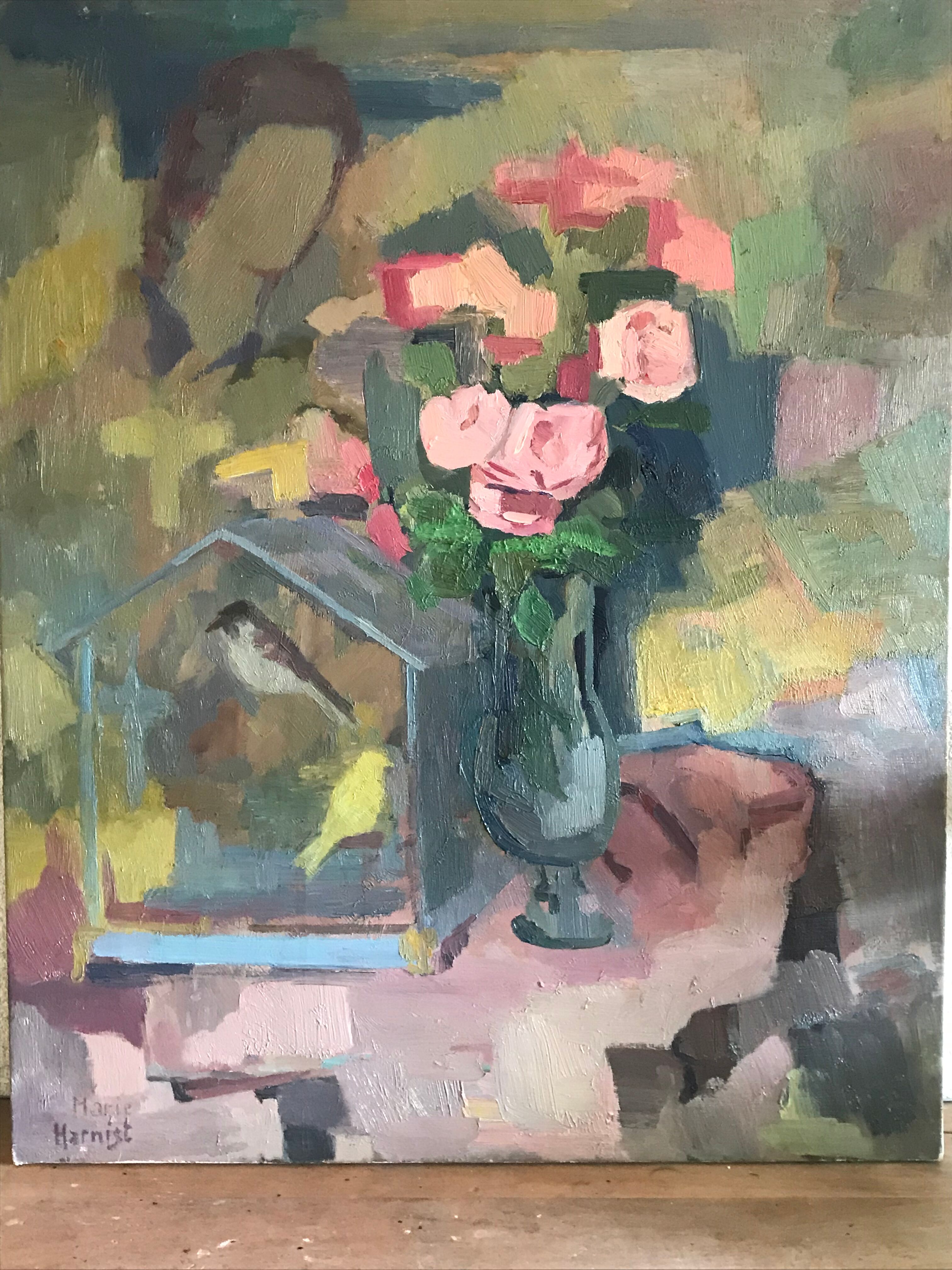 Oil painting bouquet & birds Marie Harnist