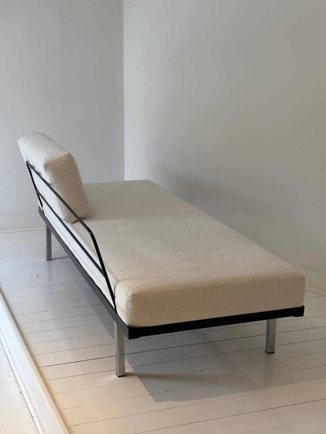 Modernist canapé design – Completely reupholstered in Pierre Frey fabric.