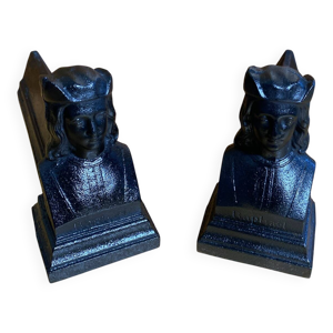 Paire de chenets cheminée raphaël tête homme fonte noire vintage #e236