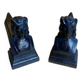 Pair of fireplace chenets raphaël man's head black cast iron vintage #e236