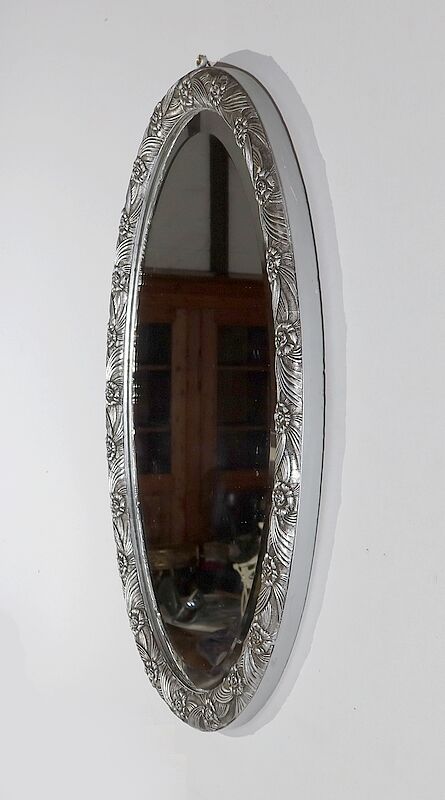 Oval mirror with silver frame, art nouveau, 1900