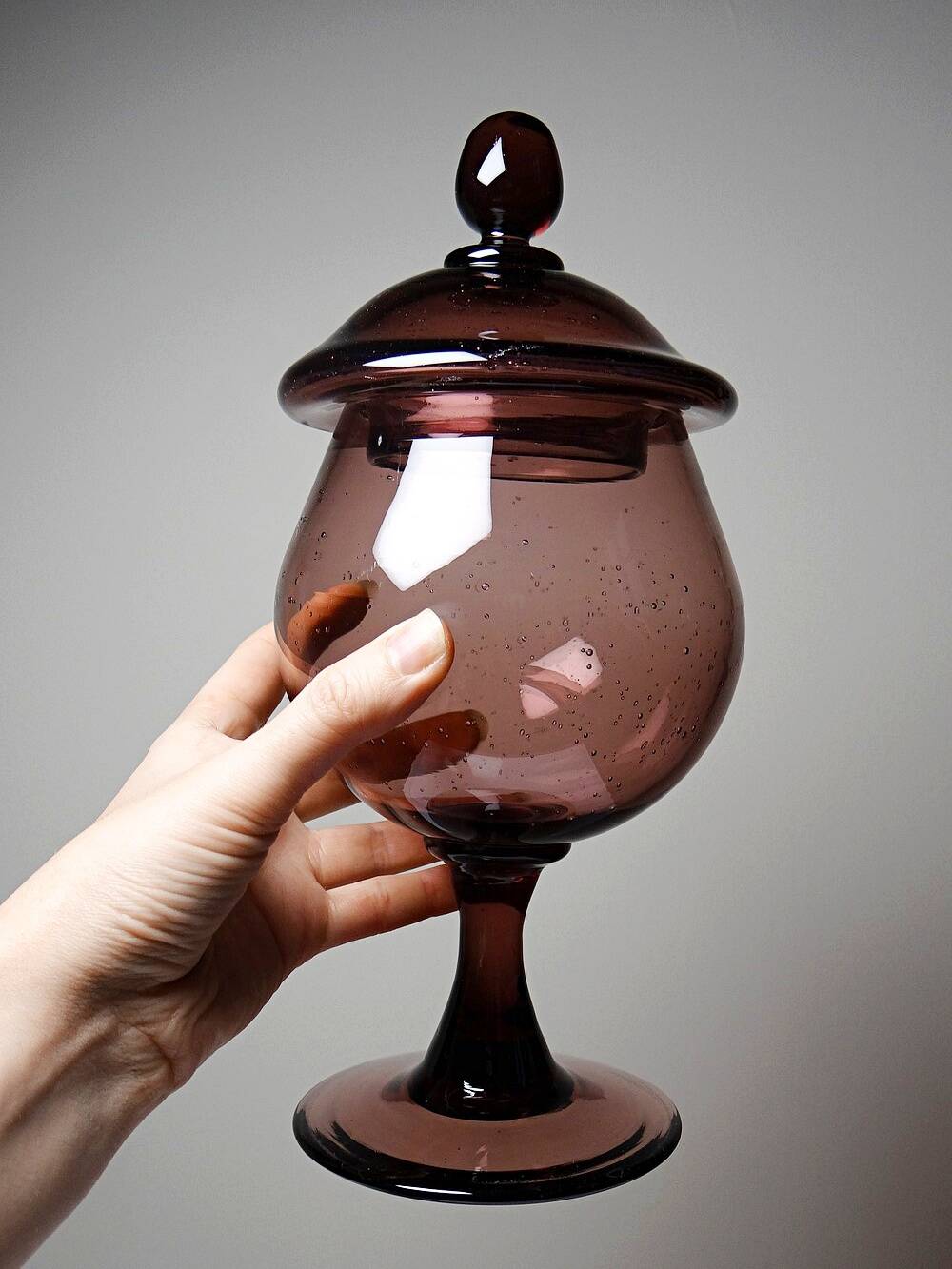 Pot, vintage purple plum bubble glass sweet jar in the style of Biot.