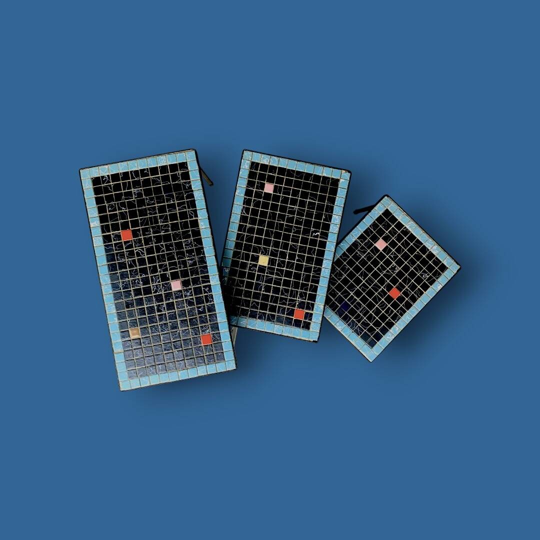 Trio of vintage nesting tables in mosaic and wrought iron