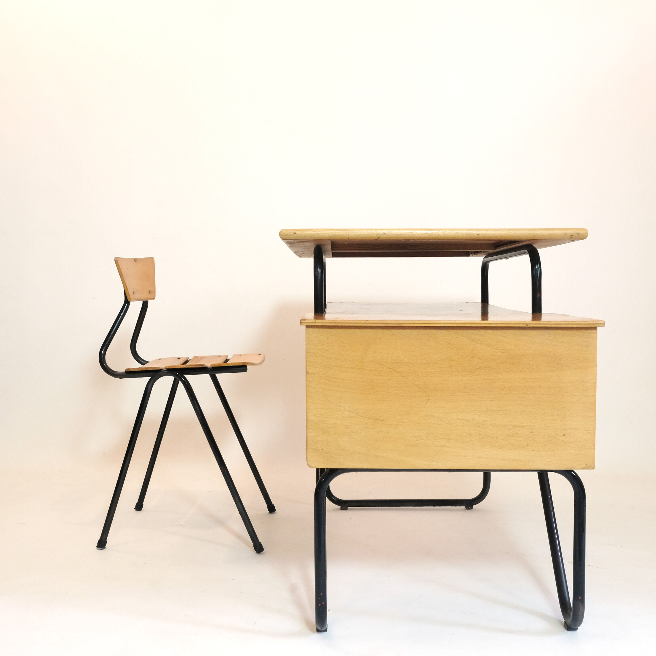 Wooden school desk and chair