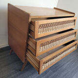 Wooden chest of drawers and vintage rattan