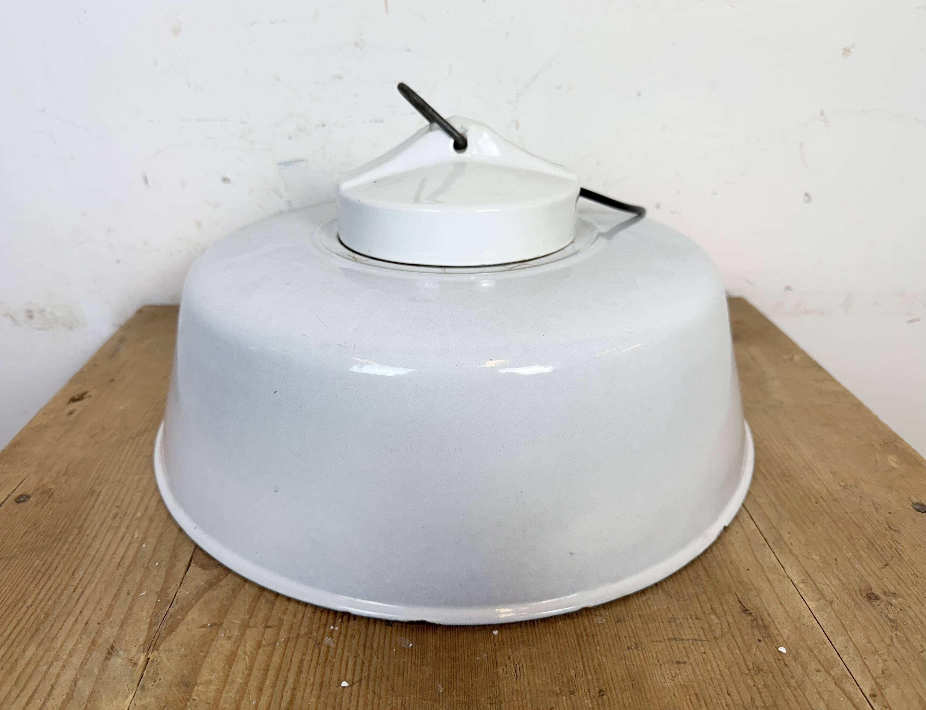 Industrial Grey Enamel Factory Pendant Lamp with Glass Cover, 1960s