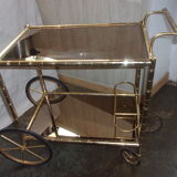 Desserte dorée en laiton style bambou plateaux miroir 1960
