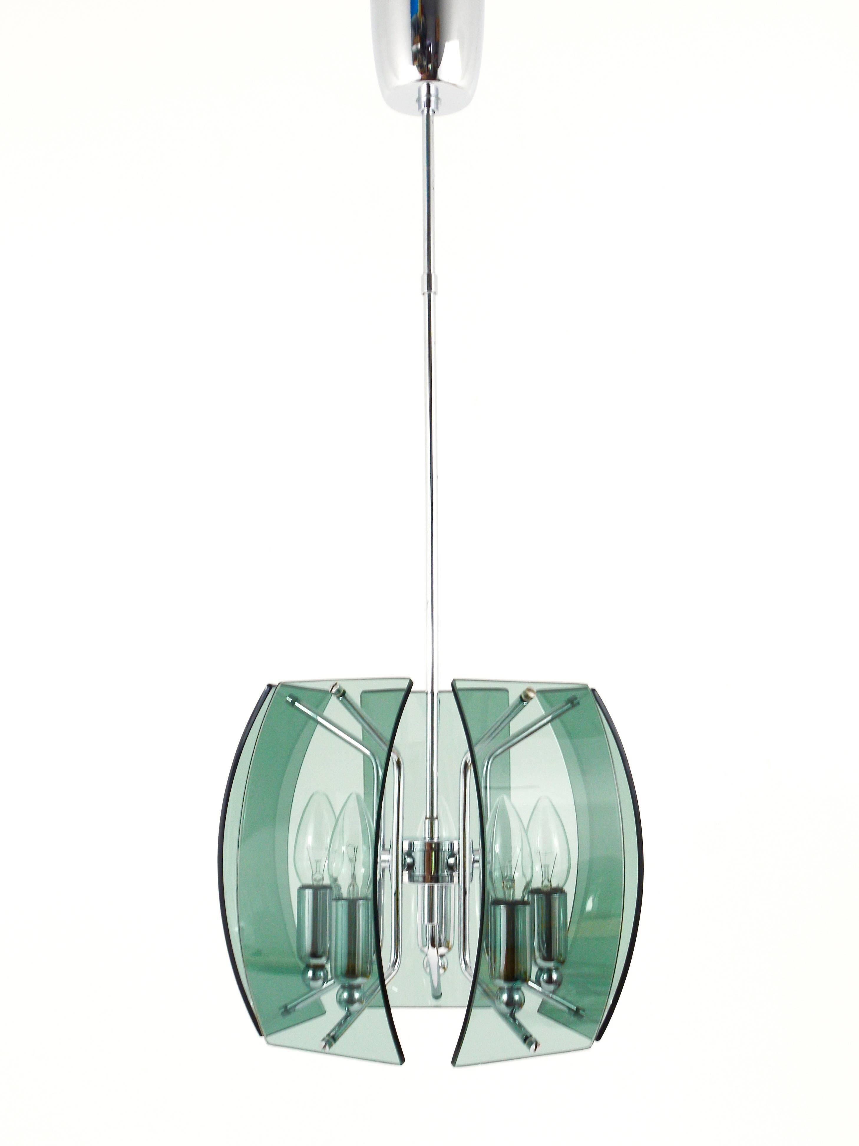 Glass and chrome chandelier in the Fontana Arte style, mid-century, Italy, 1960s.