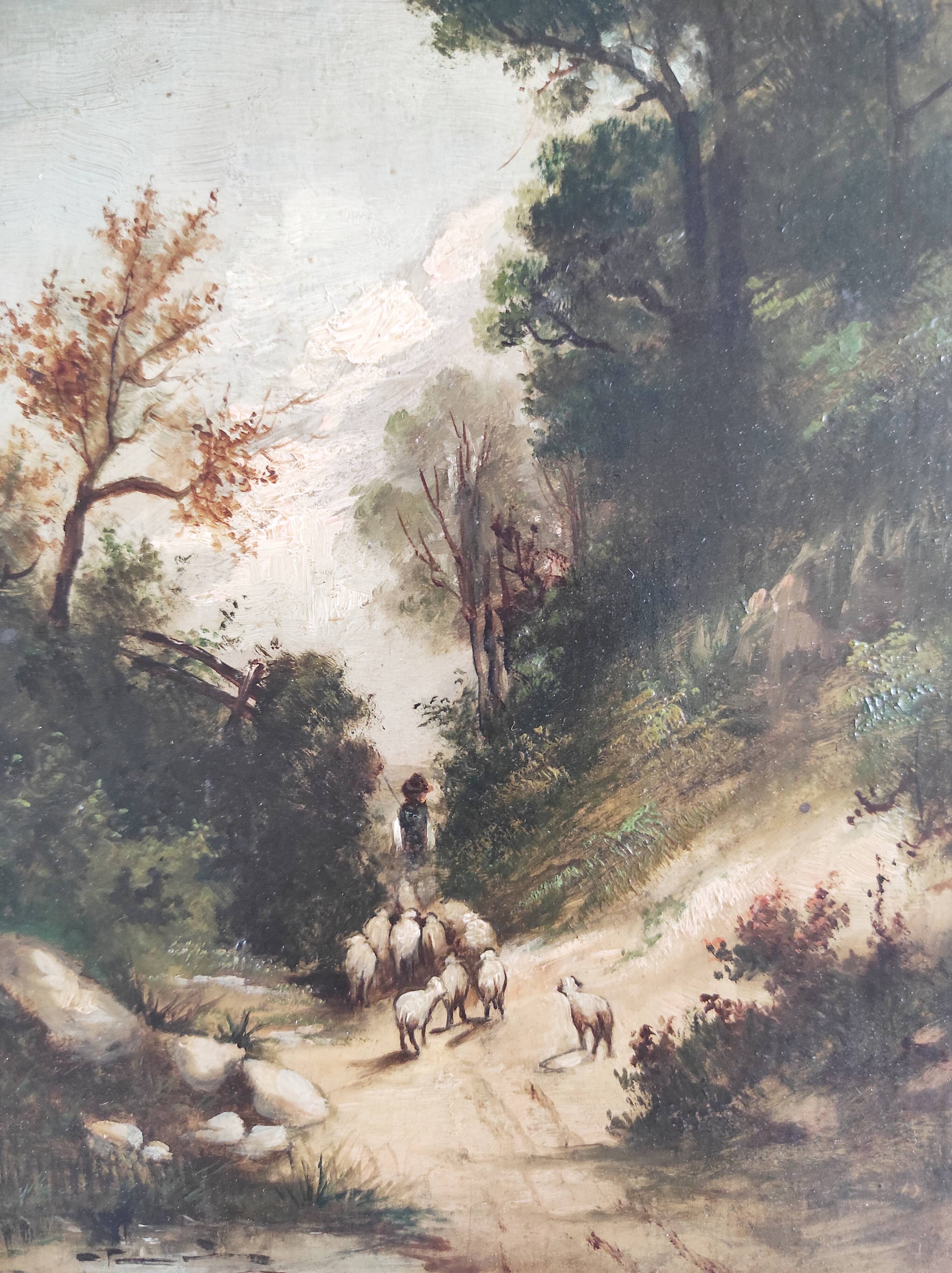 Shepherd with his sheep oil on panel 19th century