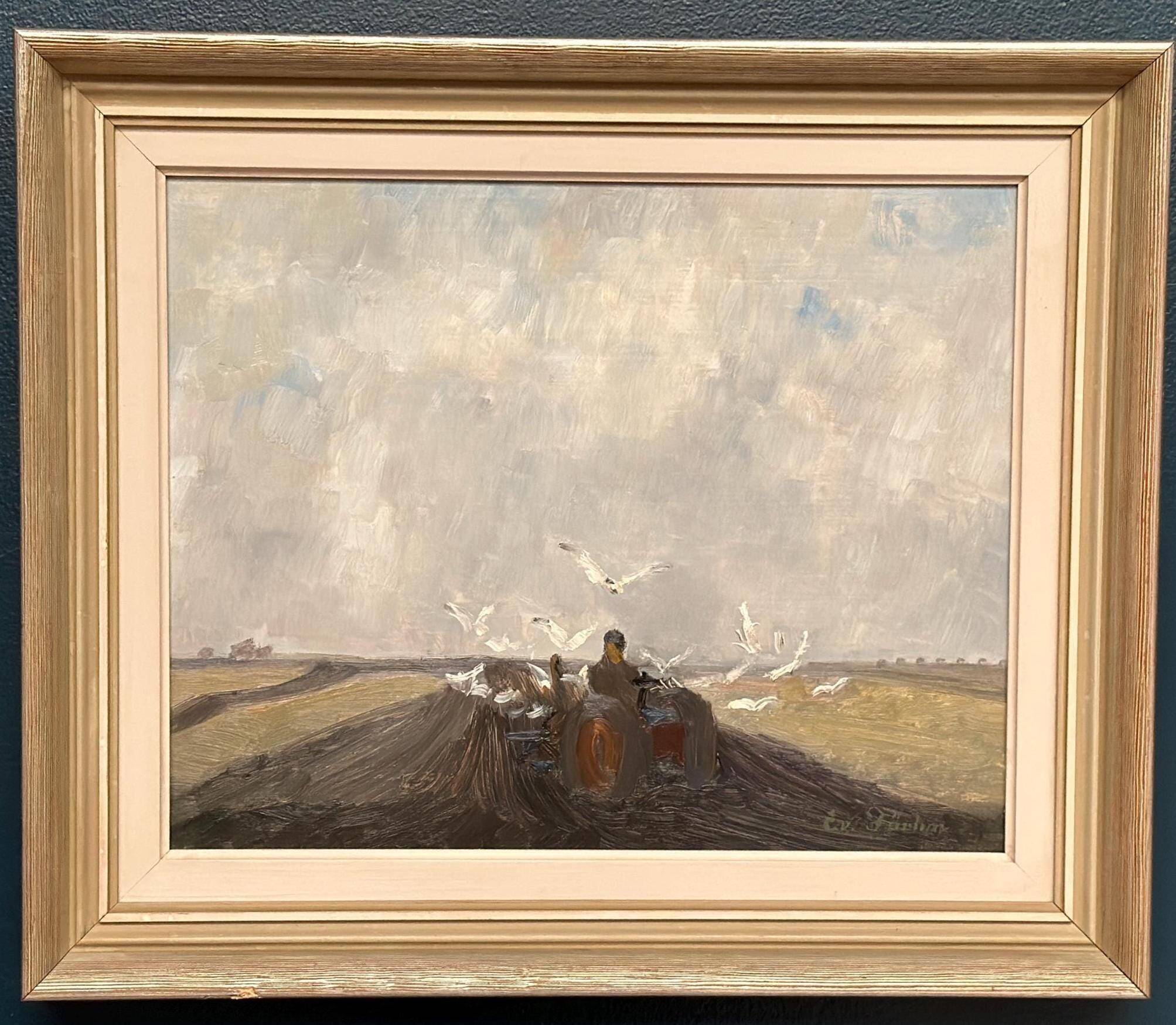 Original Mid Century Swedish Oil on Canvas – Tractor by Evert Färhm