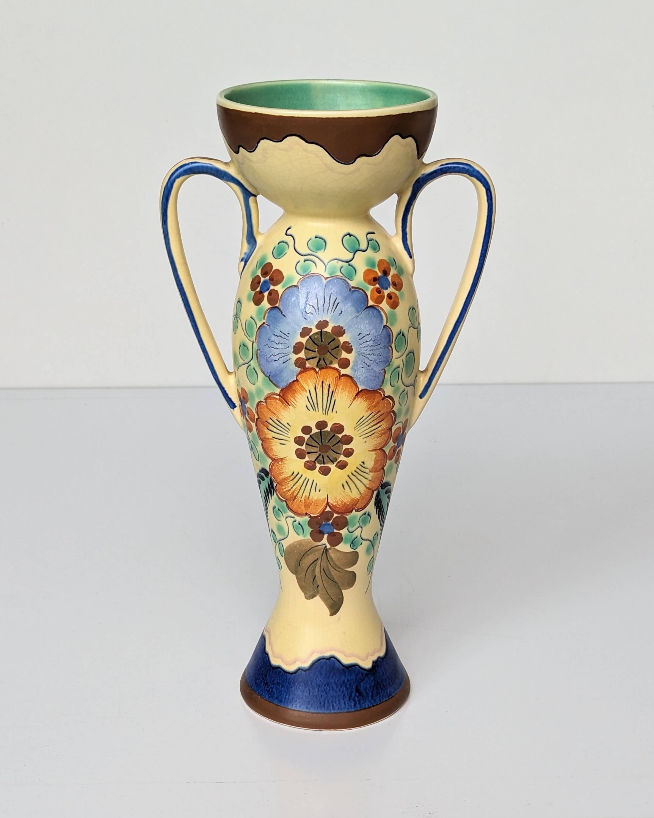 Amphora Vase Ceramic Gouda Holland - Rubens hand painted flower motif - Model 1035