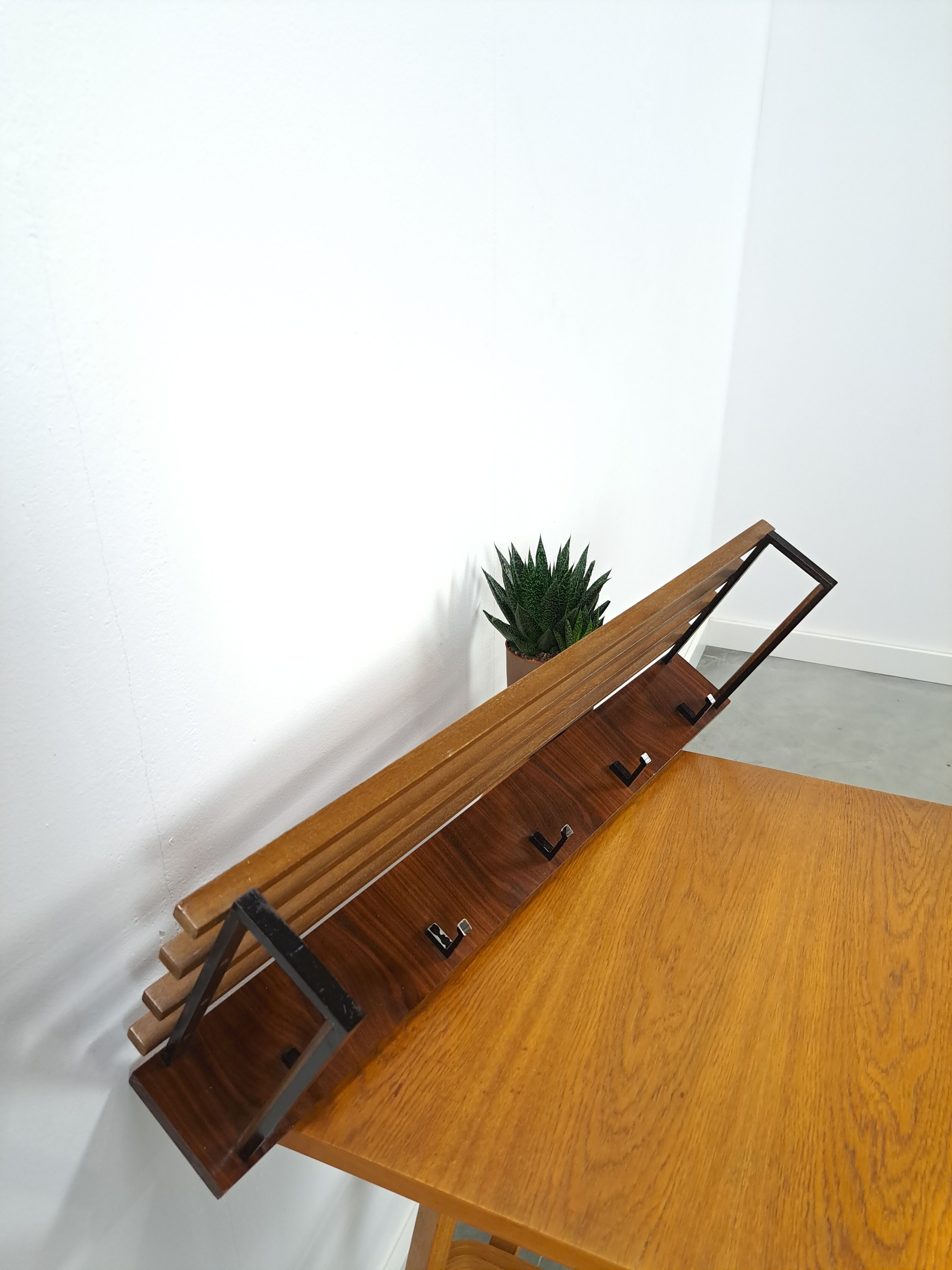 Wall coat rack with black steel and dark wood vintage