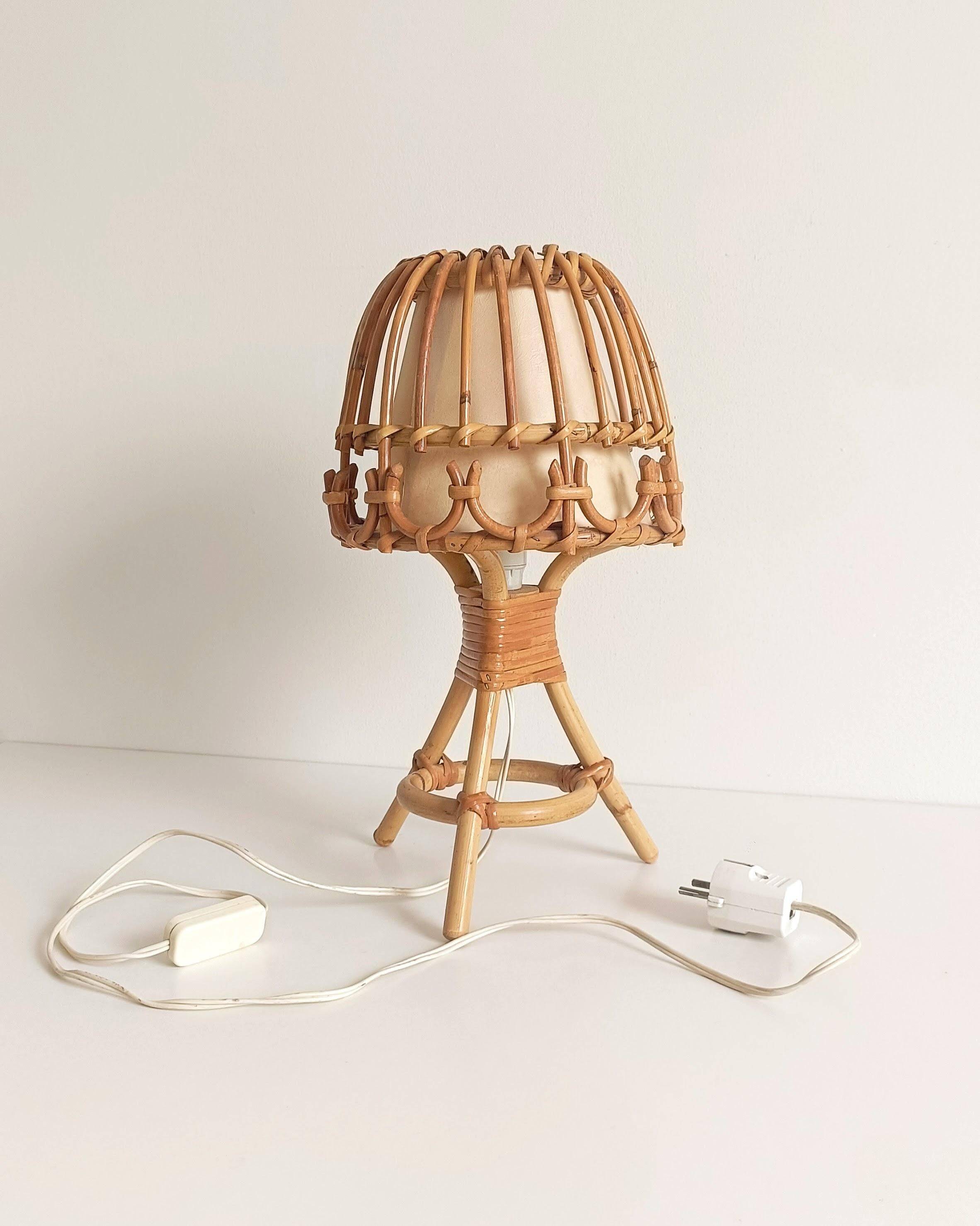 Midcentury Bamboo and Rattan Table Lamp, Attributed to Louis Sognot