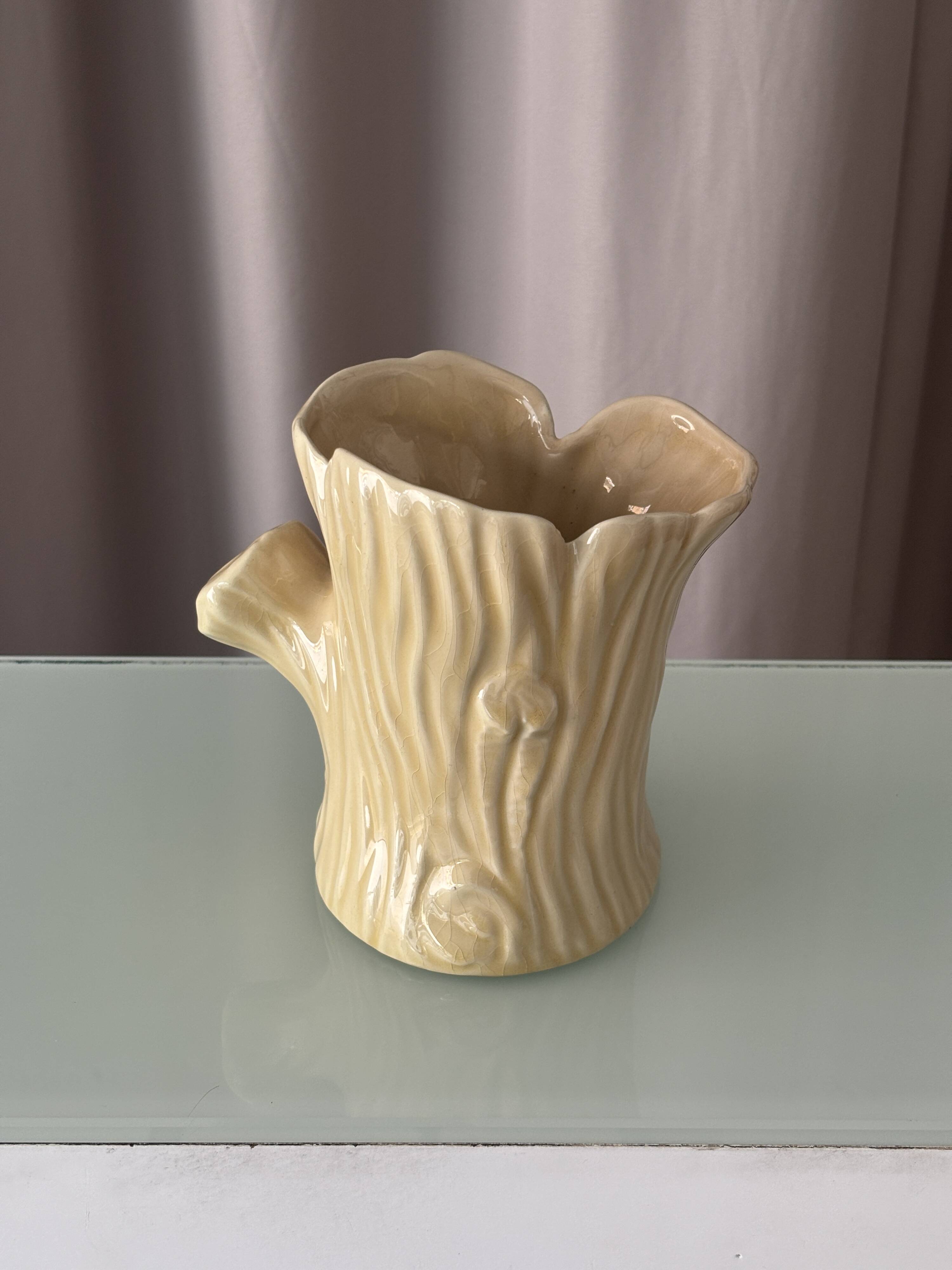 Vintage Italian Ceramic Tree Stump Vase – Bark Texture – Made in Italy
